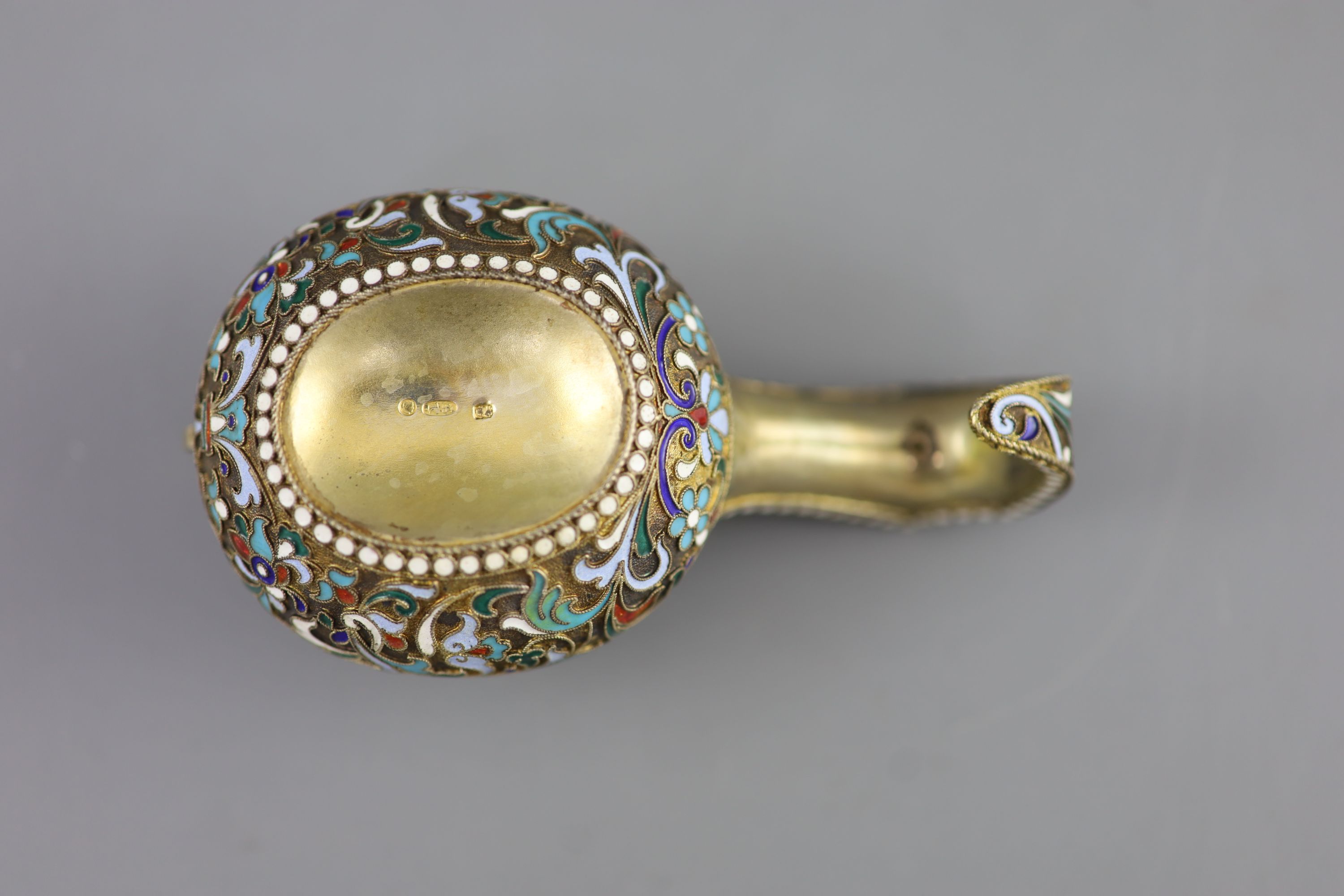 An early 20th century Russian 84 zolotnik silver and cloisonne enamel kovsh